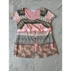 Dressbarn Women’s 1X Pink Green Patchwork Boho Y2K Style Blouse